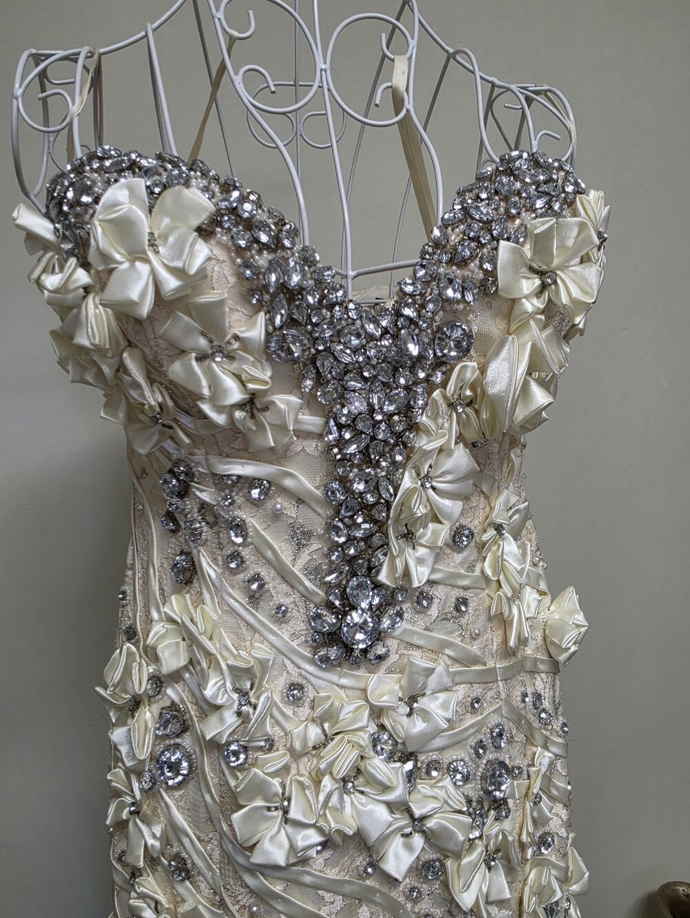 Elegant OOAK Couture Ivory Floral Appliqué Gown with Crystal Accents - Picture 3 of 12